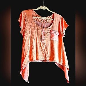 Anthropologie E M Solid Coral Sheer Back Crop Top T Shirt Sz Large